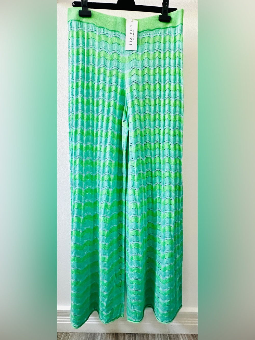 SEAFOLLY Lime Green/Light Turquoise Knit Wave-Pattern Swim Cover Wide Leg Pant